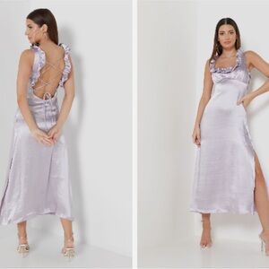 NWT- Topshop Ruffle Tie Back Satin Long Dress,Side Slit Sleeveless, Lilac, 6
